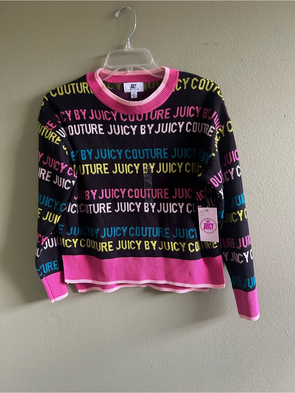 NWT Juicy Couture Black Multicolor Logo Knit Sweater - Pink Trim
